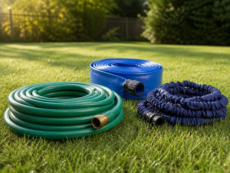 different types of water hoses including a rubber garden hose, a PVC layflat hose and an expandable hose