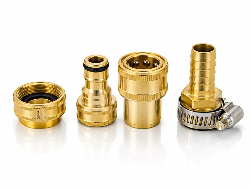 water hose connectors including brass threaded couplings, a quick connect set and a barbed fitting with clamp