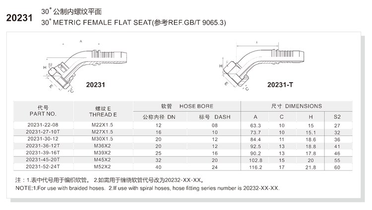 30 degree elbow metric female flat seat hydraulic hose fitting 20231 series spec