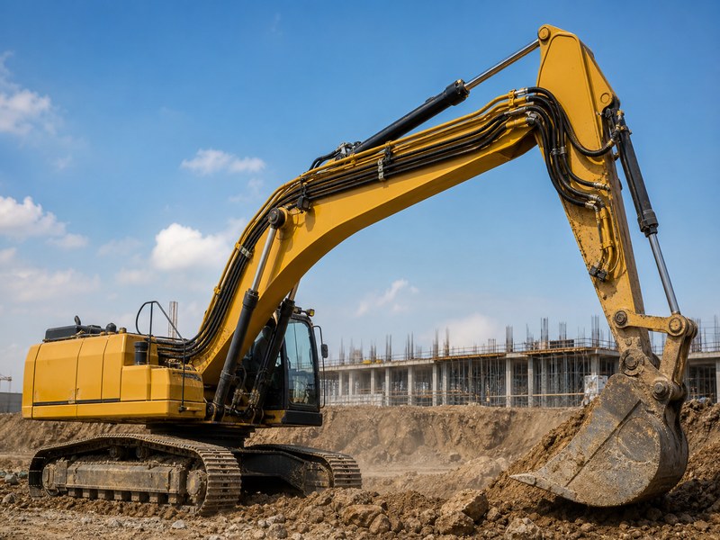 4-wire spiral hydraulic hoses routed along an excavator boom and arm on a construction site, showing large-bore high-impulse circuits