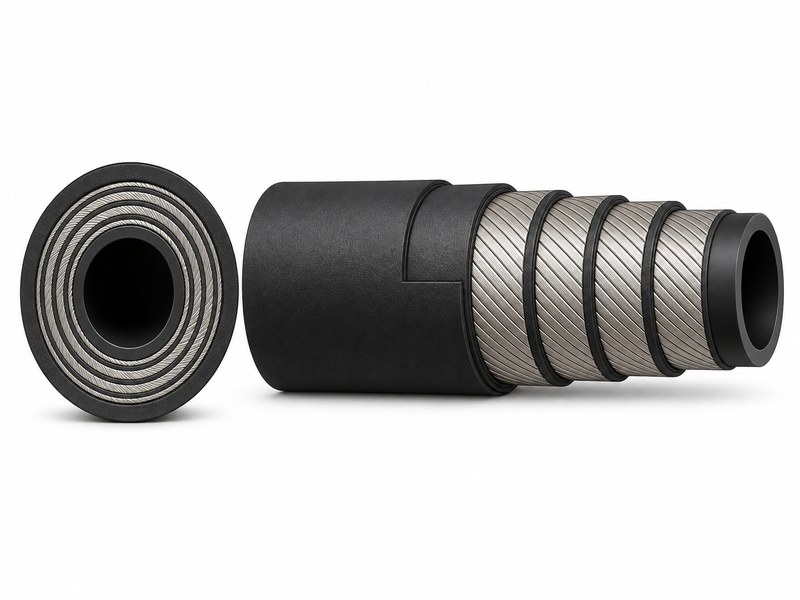 Cross-section diagram of a 4-wire spiral hydraulic hose showing the NBR inner tube, four layers of spiral-wound steel wire reinforcement separated by rubber, and the abrasion-resistant rubber outer cover