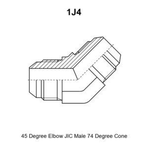 1J4 45° elbow JIC male 74° cone adapter drawing with E, F, A, B and hex S1 dimensions and the 74° cone marked at both ends