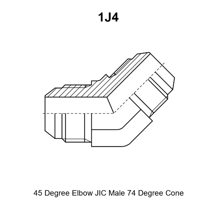 1J4 45° elbow JIC male 74° cone adapter drawing with E, F, A, B and hex S1 dimensions and the 74° cone marked at both ends