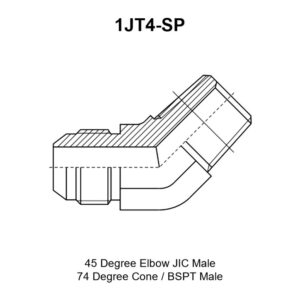 1JT4-SP 45° elbow adapter drawing with the JIC 74° cone end E, the BSPT taper thread F, the angled leg B and the A and S1 dimensions marked