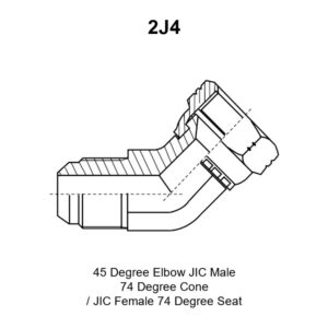 2J4 adapter drawing with the 45° elbow body, the JIC male 74° cone end E, the JIC female 74° seat end F and the A, B, S1 and S2 dimensions