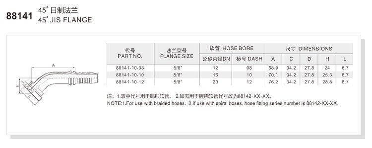 45 degree elbow JIS flange hydraulic hose fitting specification and dimension chart for series 88141