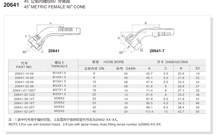 45 degree elbow metric female 60 degree cone hydraulic hose fitting 20641 series