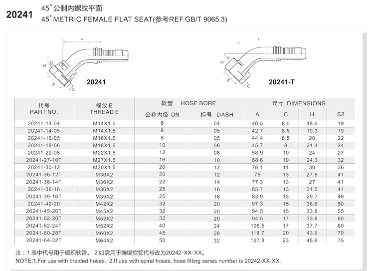 45 degree elbow metric female flat seat hydraulic hose fitting 20241 series spec