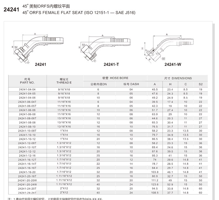 45 degree elbow ORFS female hydraulic hose fitting specification and dimension chart for series 24241 with O-ring face seal