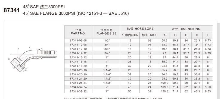 45 degree elbow SAE flange 3000 psi code 61 hydraulic hose fitting specification and dimension chart for series 87341