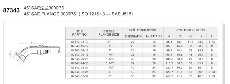 45 degree elbow SAE flange 3000 psi interlock hydraulic hose fitting specification and dimension chart for series 87343