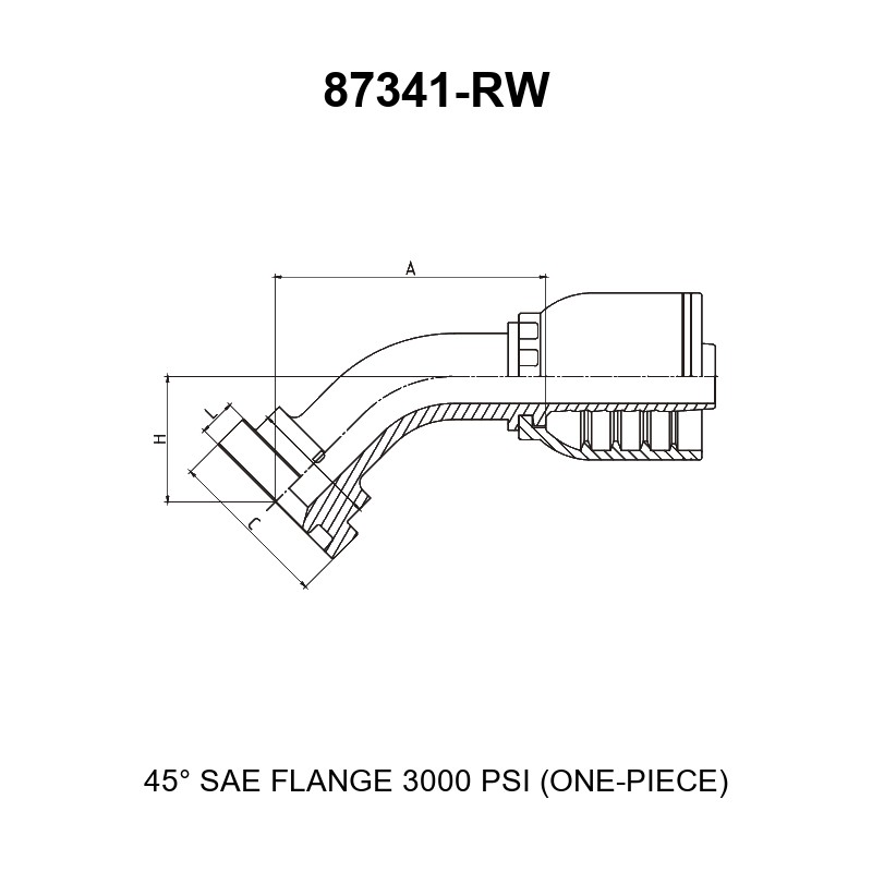 45 degree elbow SAE flange 3000 psi one-piece hydraulic hose fitting series 87341-RW