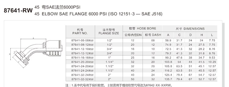 45 degree elbow SAE flange 6000 psi one-piece hydraulic hose fitting specification and dimension chart for series 87641-RW