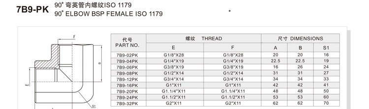 90 degree elbow BSP female ISO 1179 hydraulic adapter 7B9-PK specification and dimension chart
