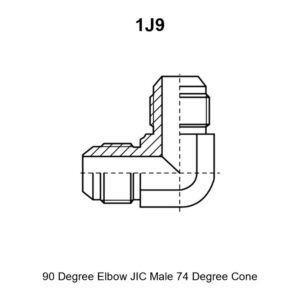 1J9 90° elbow JIC male 74° cone adapter drawing with E, F, A, B and hex S1 dimensions and the 74° cone marked at both ends