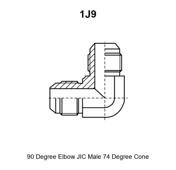 1J9 90° elbow JIC male 74° cone adapter drawing with E, F, A, B and hex S1 dimensions and the 74° cone marked at both ends