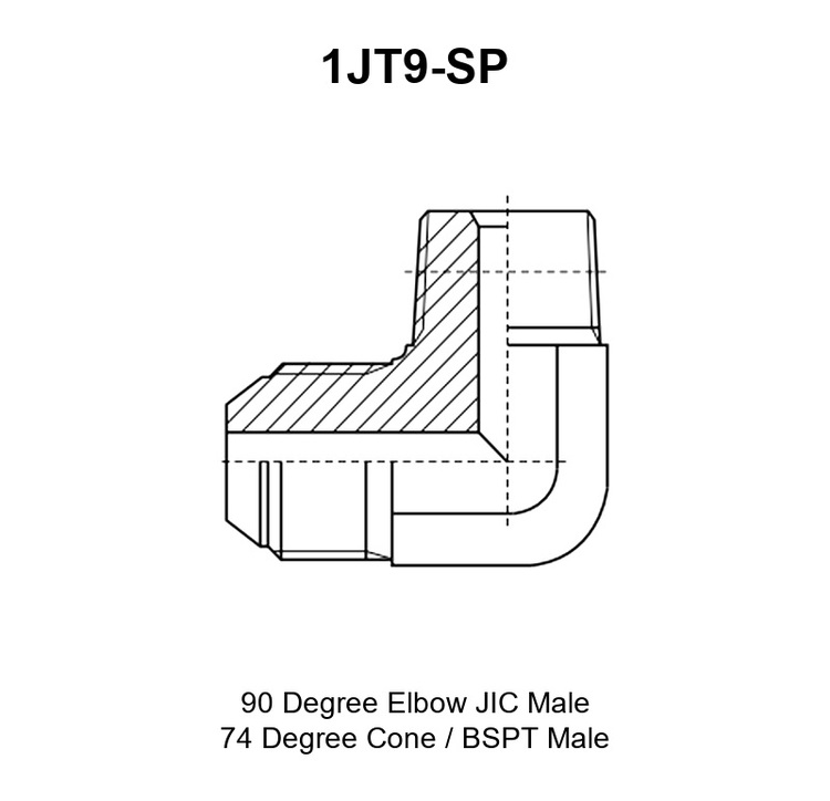 1JT9-SP adapter drawing with the JIC 74° cone male end E, the BSPT male end F and the A, B and S1 dimensions