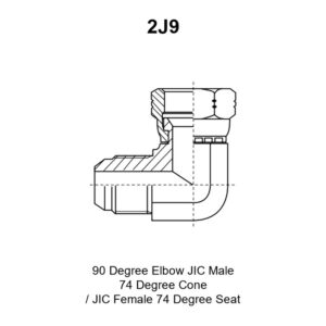 2J9 adapter drawing with the 90° elbow body, the JIC male 74° cone end E, the JIC female 74° seat end F and the A, B, S1 and S2 dimensions
