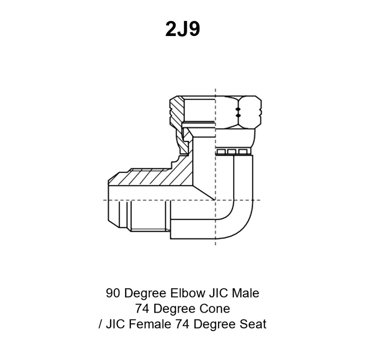 2J9 adapter drawing with the 90° elbow body, the JIC male 74° cone end E, the JIC female 74° seat end F and the A, B, S1 and S2 dimensions