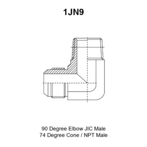 1JN9 adapter drawing with the JIC 74° cone leg marked E, the NPT leg marked F, and dimensions A, B and hex S1