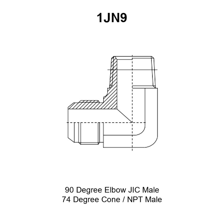 1JN9 adapter drawing with the JIC 74° cone leg marked E, the NPT leg marked F, and dimensions A, B and hex S1