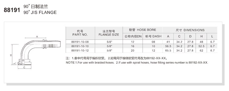 90 degree elbow JIS flange hydraulic hose fitting specification and dimension chart for series 88191