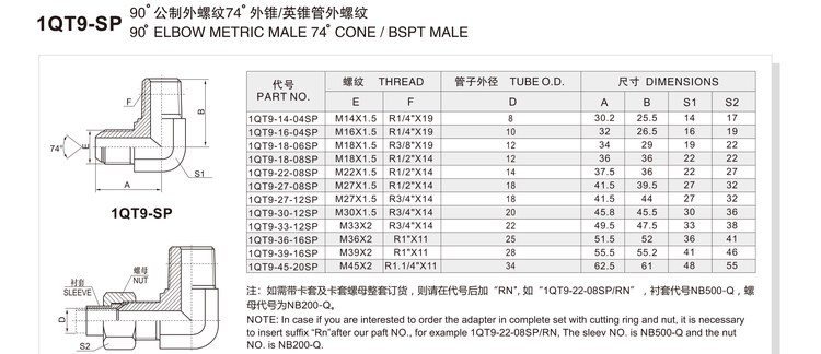 90 degree elbow metric male 74 degree cone BSPT male hydraulic adapter 1QT9-SP specification and dimension chart