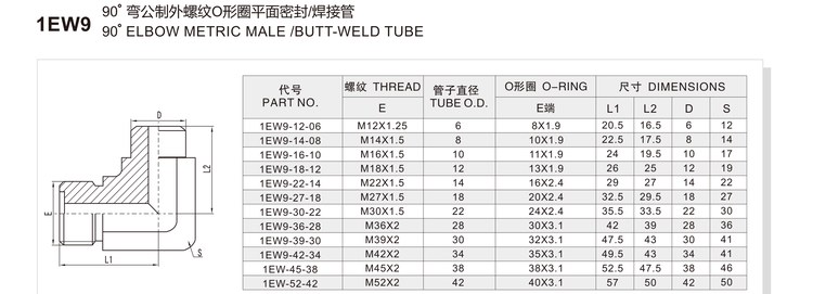 90 degree elbow metric male O-ring butt-weld tube hydraulic adapter 1EW9 specification and dimension chart