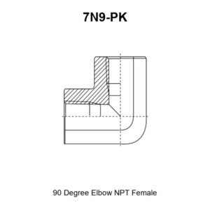 7N9-PK adapter drawing with the tapped NPT female port E on the horizontal run and port F on the vertical branch, plus length A, height B and hex S1