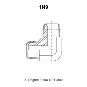 1N9 adapter drawing with the external NPT thread E on the horizontal leg, the external NPT thread F on the vertical leg and the A, B and S1 dimensions