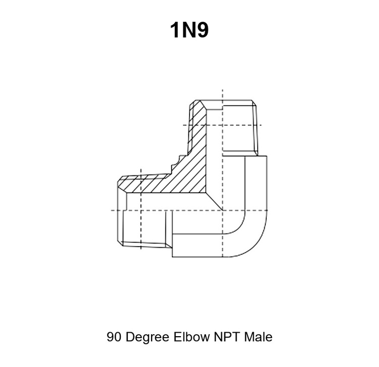 1N9 adapter drawing with the external NPT thread E on the horizontal leg, the external NPT thread F on the vertical leg and the A, B and S1 dimensions