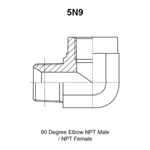 5N9 adapter drawing with the external NPT thread E on the horizontal leg, the internal NPT thread F on the vertical leg, dimension A to the centre line, dimension B, and hex S1