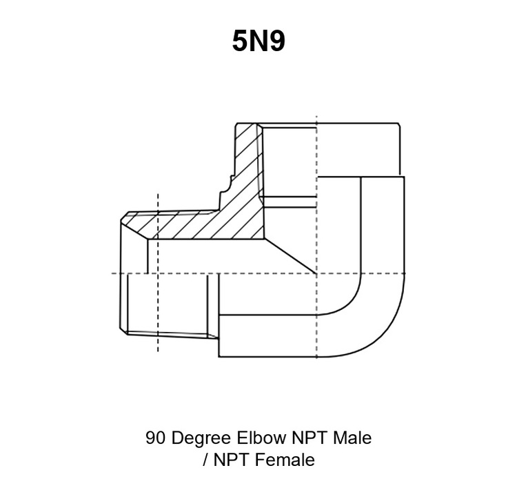 5N9 adapter drawing with the external NPT thread E on the horizontal leg, the internal NPT thread F on the vertical leg, dimension A to the centre line, dimension B, and hex S1