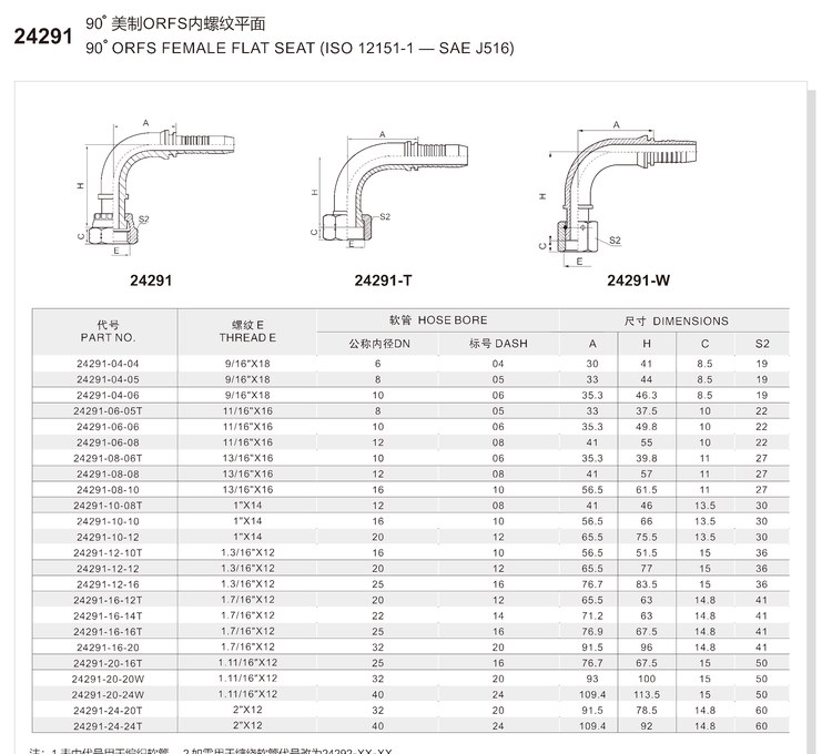 90 degree elbow ORFS female hydraulic hose fitting specification and dimension chart for series 24291 with O-ring face seal