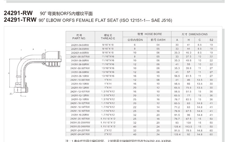 90 degree elbow ORFS female one-piece hydraulic hose fitting specification and dimension chart for series 24291-RW