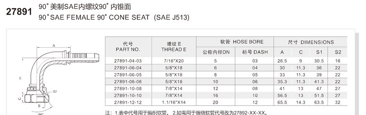 90 degree elbow SAE female 90 degree cone seat hydraulic hose fitting specification and dimension chart for series 27891 per SAE J513 for braided hoses