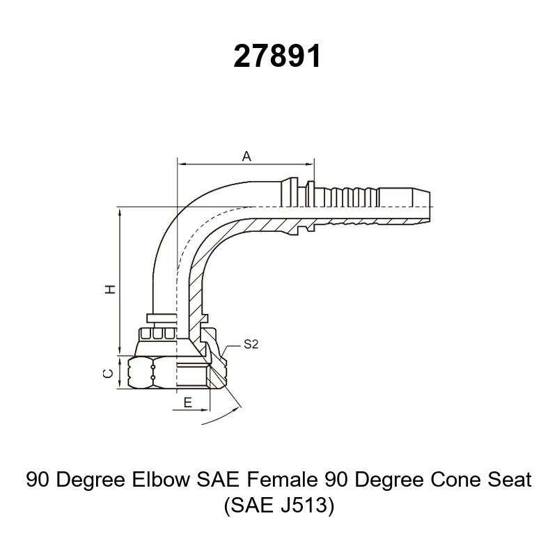 90 degree elbow SAE female 90 degree cone seat hydraulic hose fitting series 27891 per SAE J513 for braided hoses