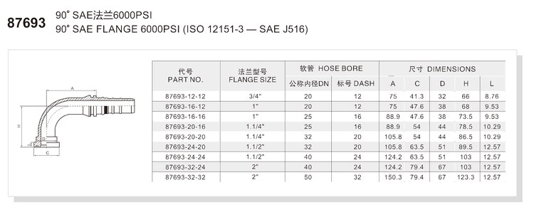 90 degree elbow SAE flange 6000 psi interlock hydraulic hose fitting specification and dimension chart for series 87693