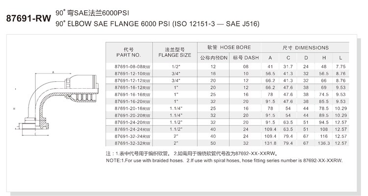 90 degree elbow SAE flange 6000 psi one-piece hydraulic hose fitting specification and dimension chart for series 87691-RW