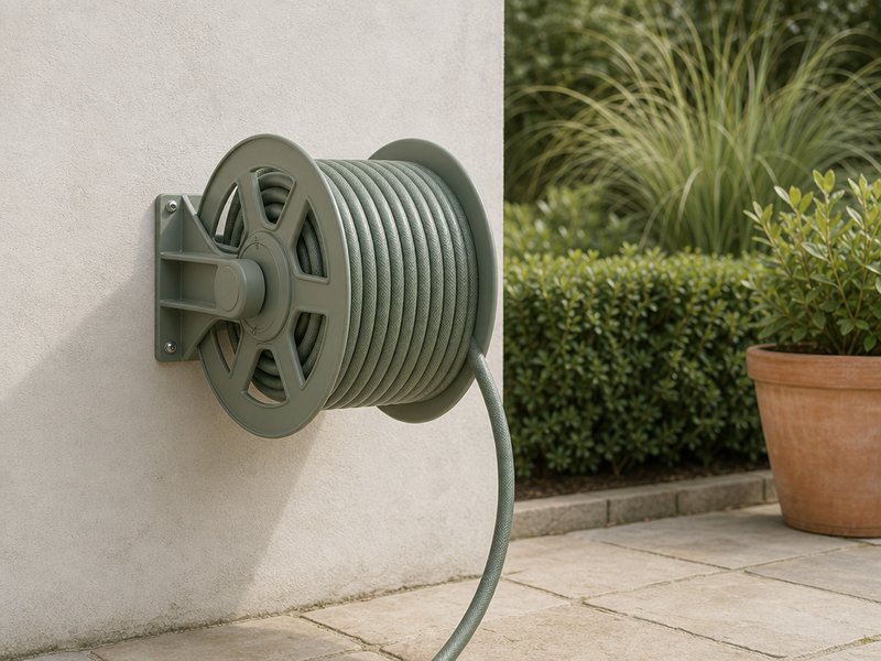Best garden hose reel system: a wall-mounted reel with a garden hose wound in even layers beside a garden wall