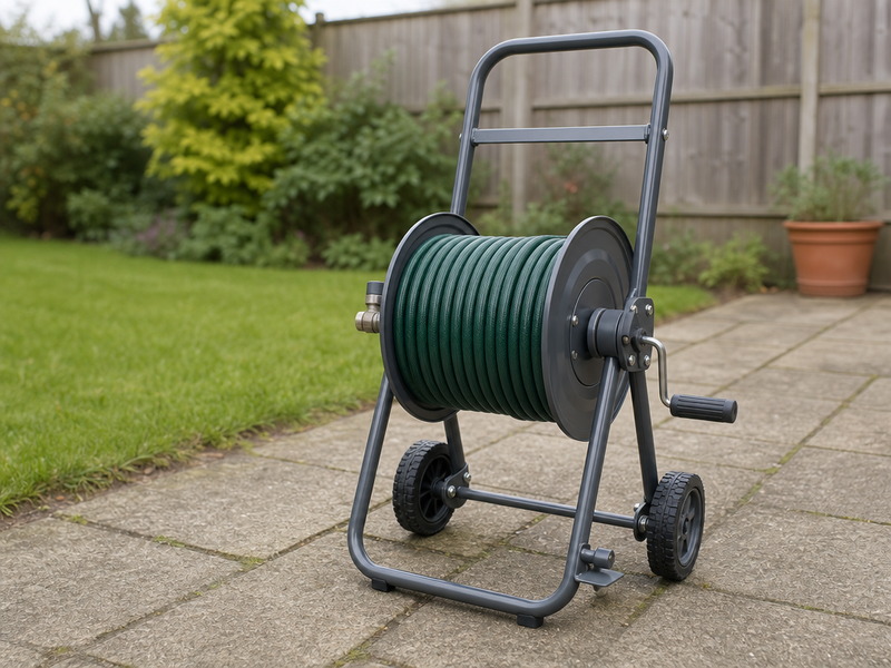 Best hose reel: a wheeled reel standing on garden paving with the hose wound evenly on the drum