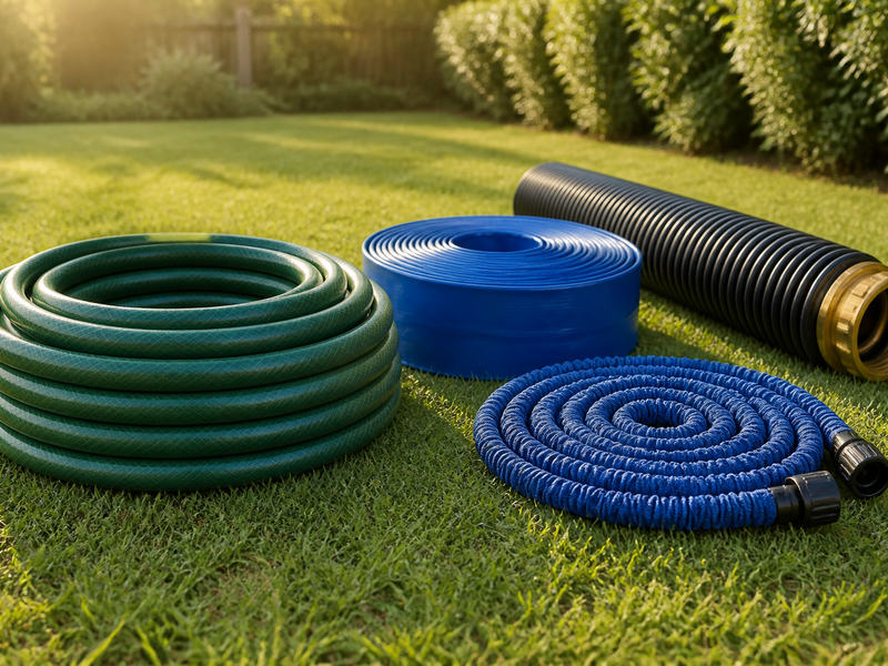 different types of water hoses including a rubber garden hose, a PVC layflat hose and a wire-helix suction hose