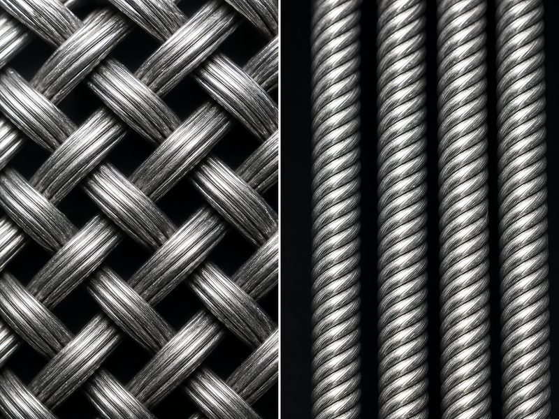 Macro close-up comparison of braided steel wire reinforcement with crisscross crossover points versus four parallel spiral-wound steel wire layers