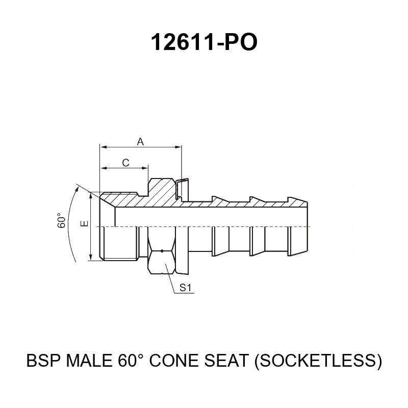 bsp male 60 degree cone seat fitting 12611 po