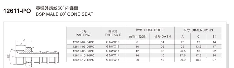 bsp male 60 degree cone seat fitting 12611 po spec