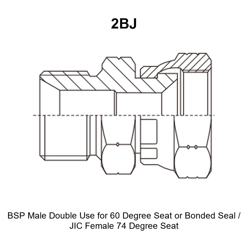 BSP male double use for 60 degree seat or bonded seal JIC female 74 degree seat hydraulic adapter 2BJ