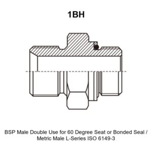 BSP male double use for 60 degree seat or bonded seal metric male L-series ISO 6149-3 hydraulic adapter 1BH