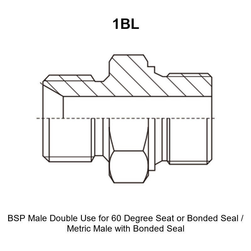 BSP male double use for 60 degree seat or bonded seal metric male with bonded seal hydraulic adapter 1BL