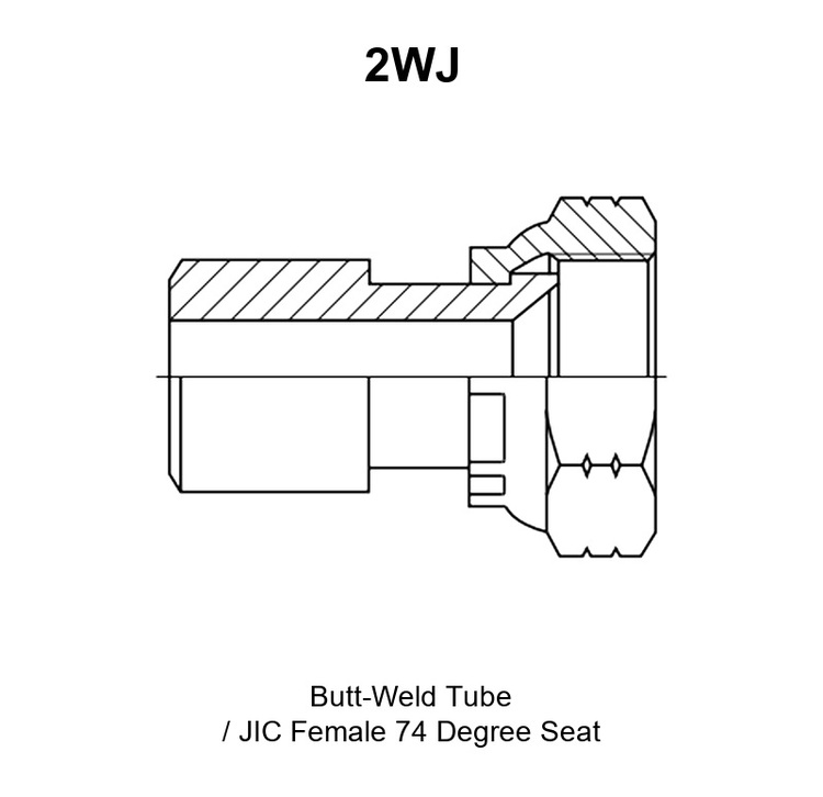 2WJ butt-weld tube to JIC female 74 degree seat adapter drawing with thread F, tube O.D., body dimension B, diameter D, length L and hex S1