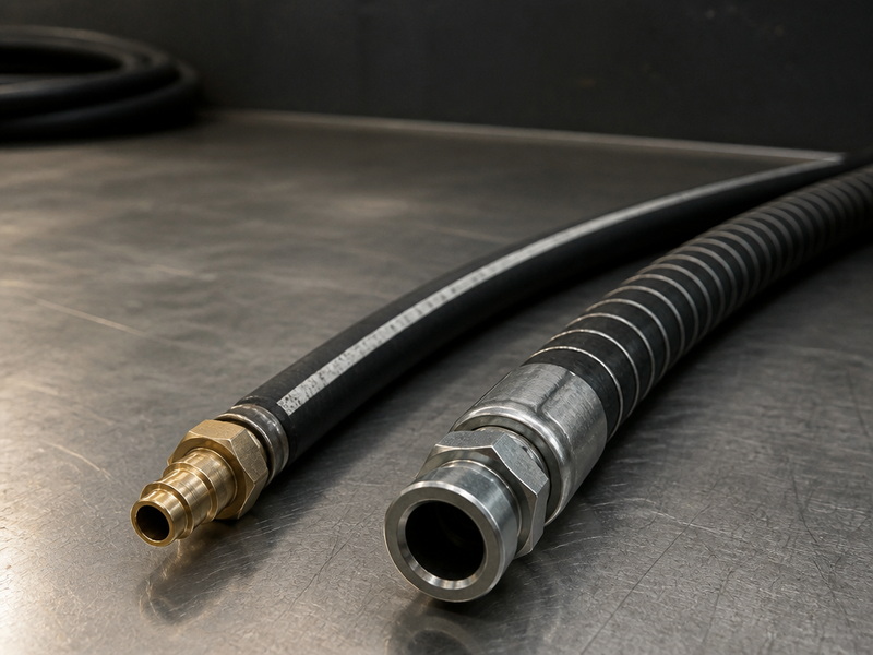 Two hose assemblies side by side on a workshop bench, a low-pressure automotive fuel hose with printed SAE J30R7 marking and a reinforced oil transfer hose with helix wire and crimped fittings
